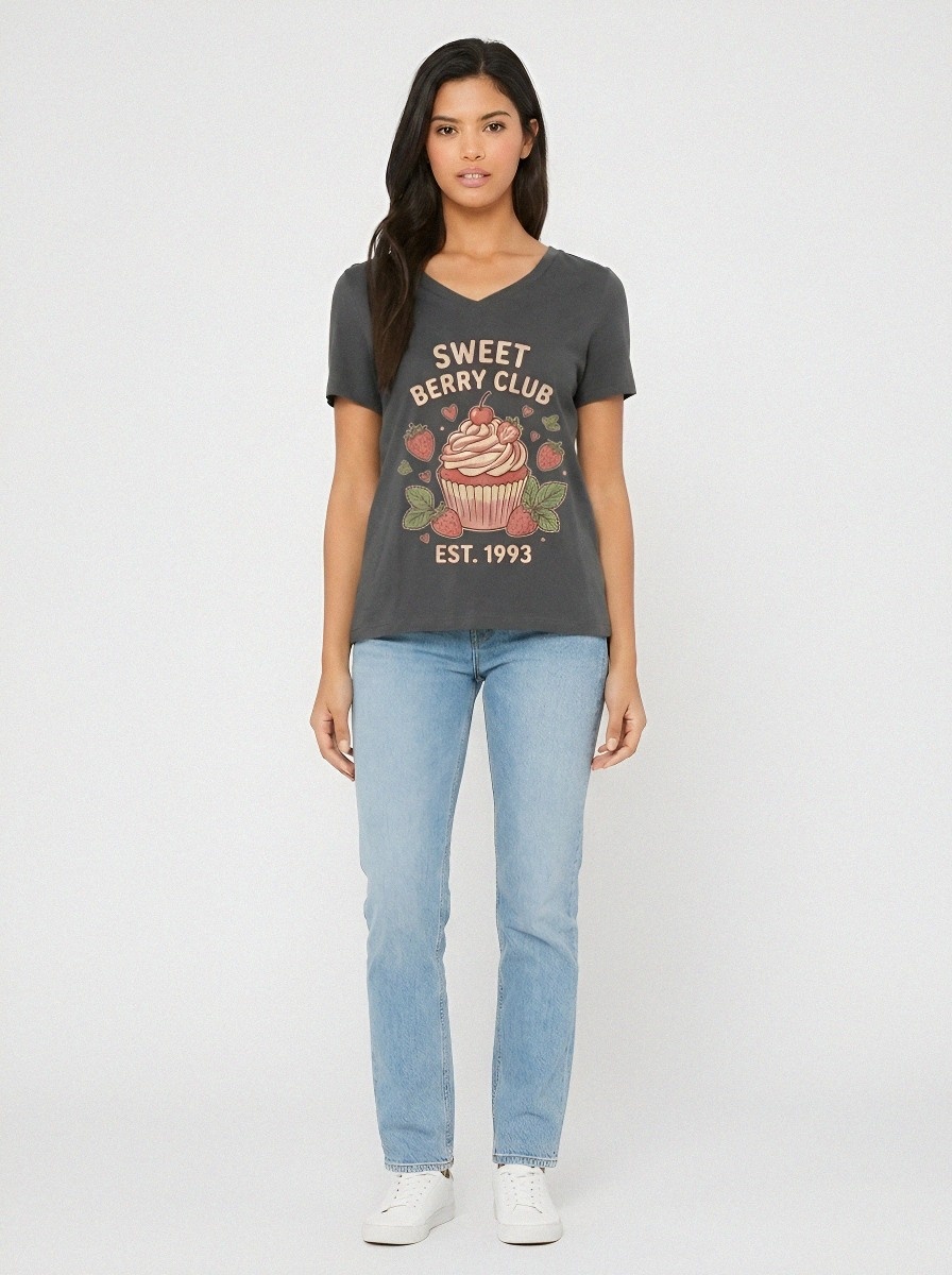 Women's Sweet Berry Club Strawberry Cupcake Printed V-neck T-shirt