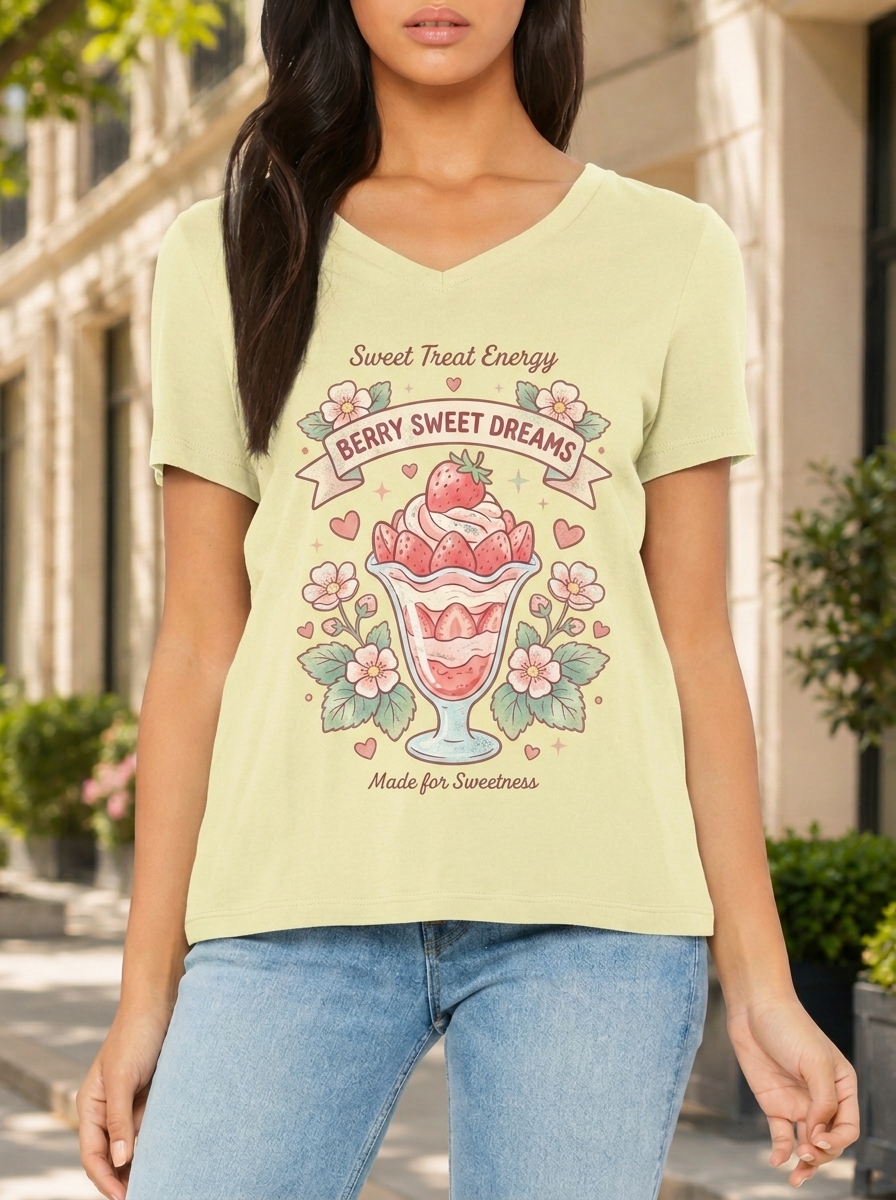 Women's Strawberry Dessert Sweet Dreams Printed V-neck T-shirt