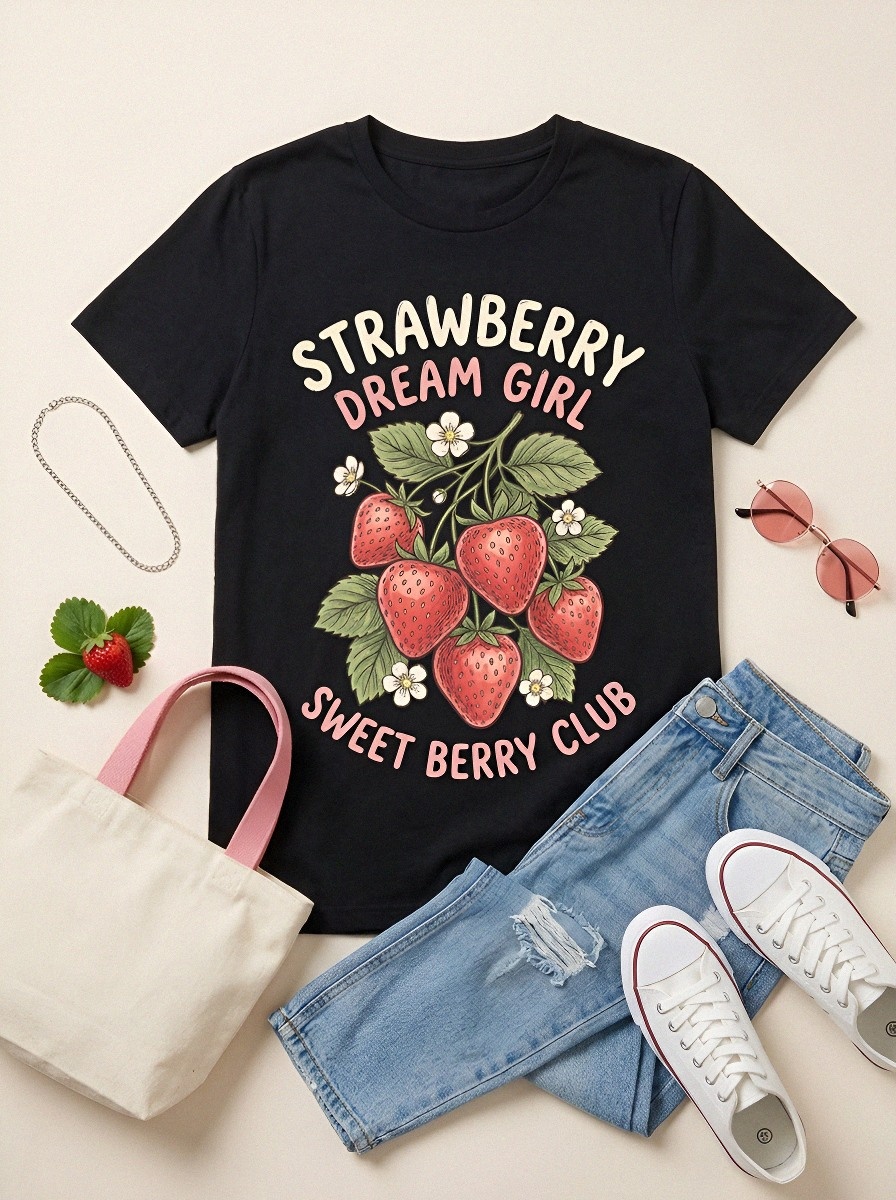 Women's Strawberry Dream Girl Sweet Berry Club Printed T-shirt