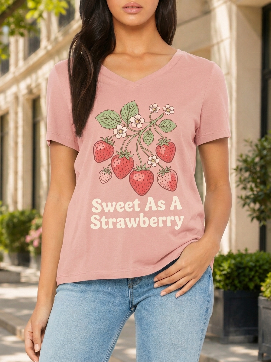Women's Strawberry Lover Sweet Fruit Printed V-Neck T-Shirt