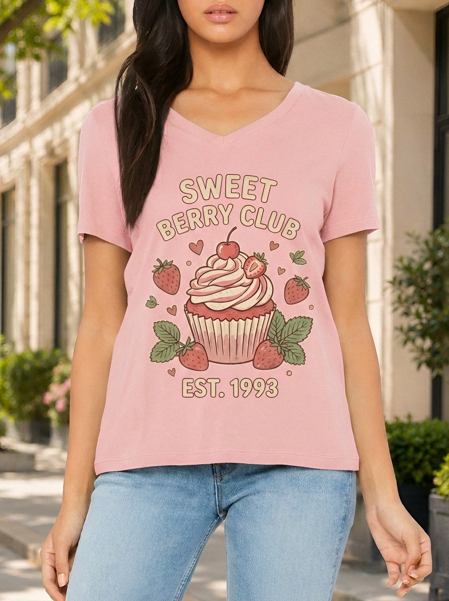 Women's Sweet Berry Club Strawberry Cupcake Printed V-neck T-shirt