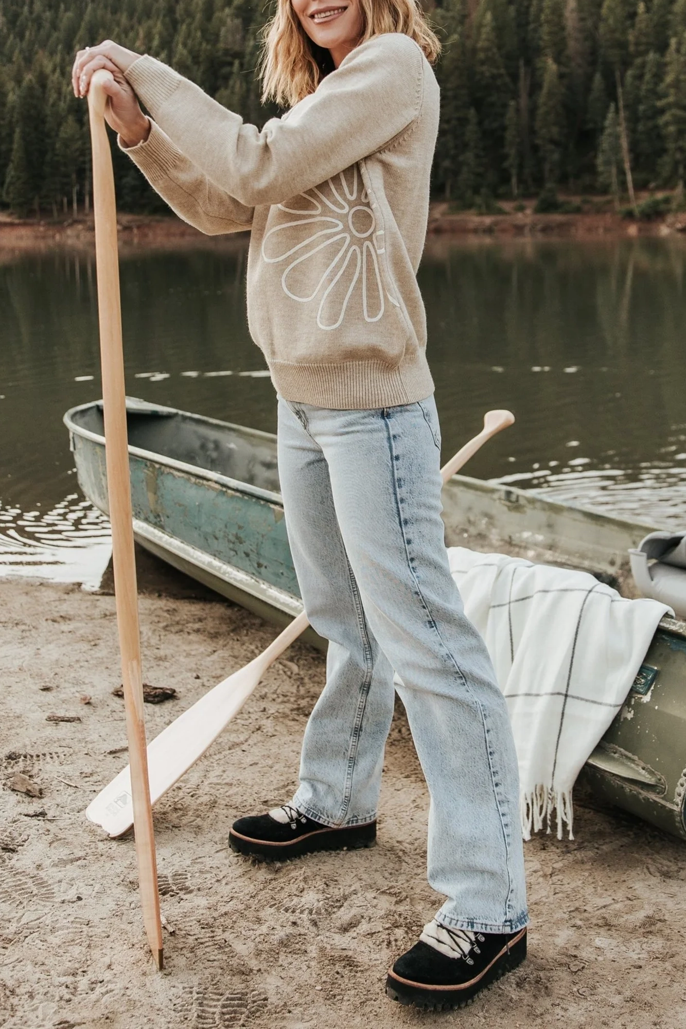 Classic Daily Leisure Embroidery Print Natural Top