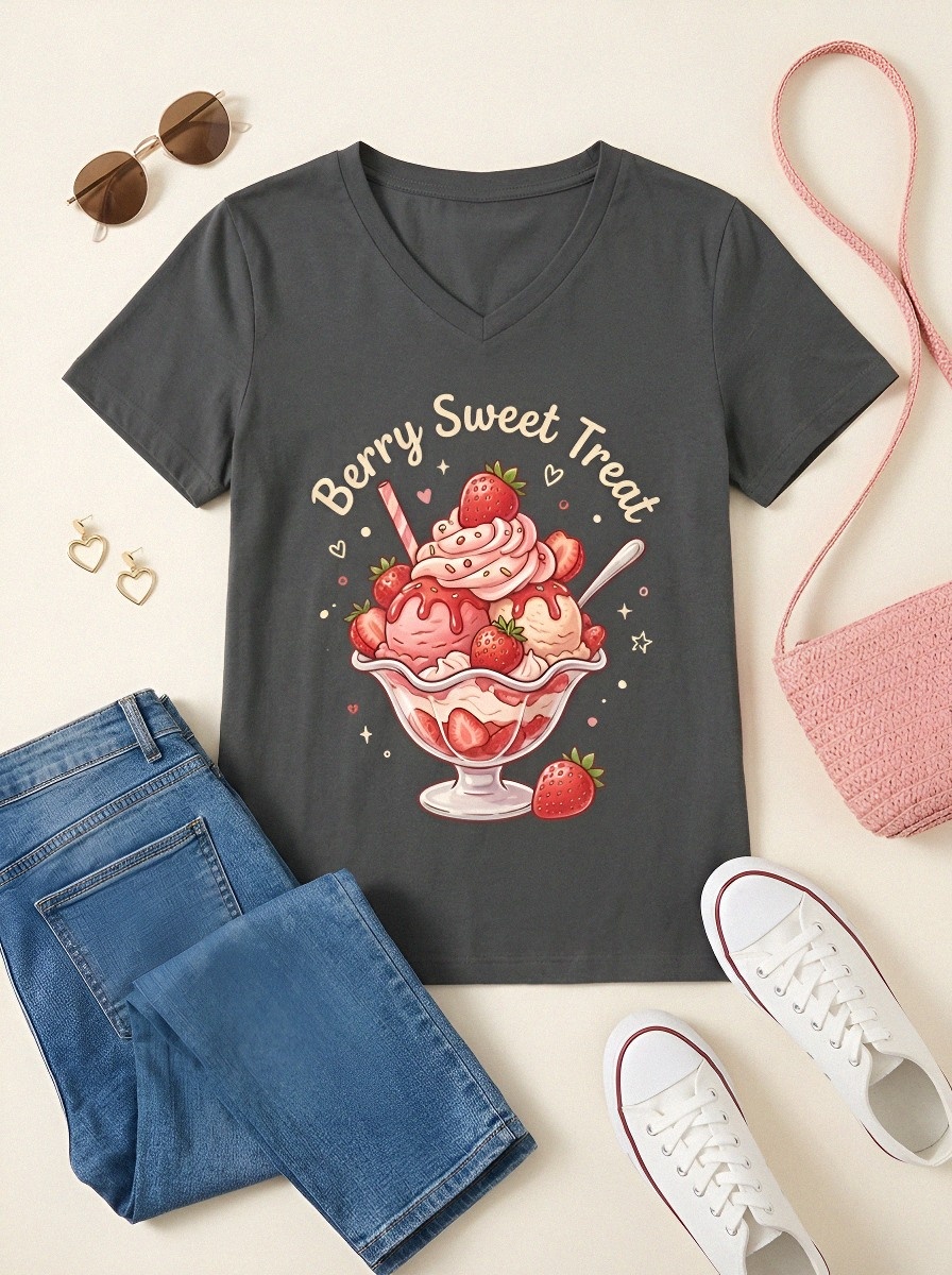 Women's Strawberry Dessert Lover Berry Sweet Treat Printed T-shirt