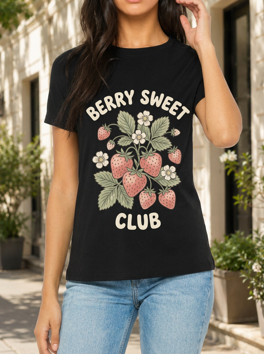Women's Berry Sweet Club Strawberry Floral Printed T-shirt