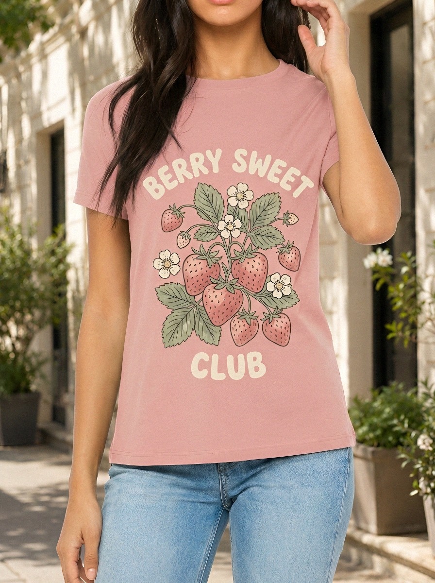 Women's Berry Sweet Club Strawberry Floral Printed T-shirt