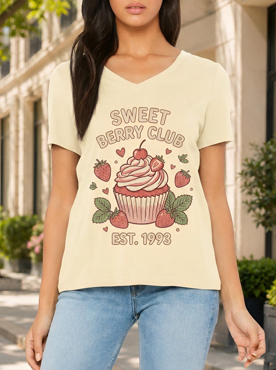 Women's Sweet Berry Club Strawberry Cupcake Printed V-neck T-shirt
