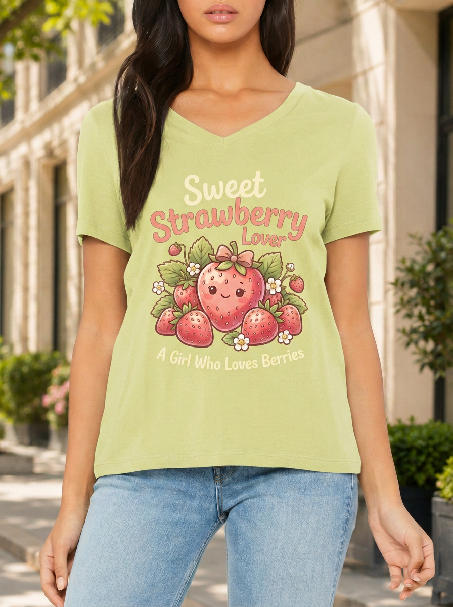 Women's Sweet Strawberry Lover Cute Berry Printed V-neck T-shirt