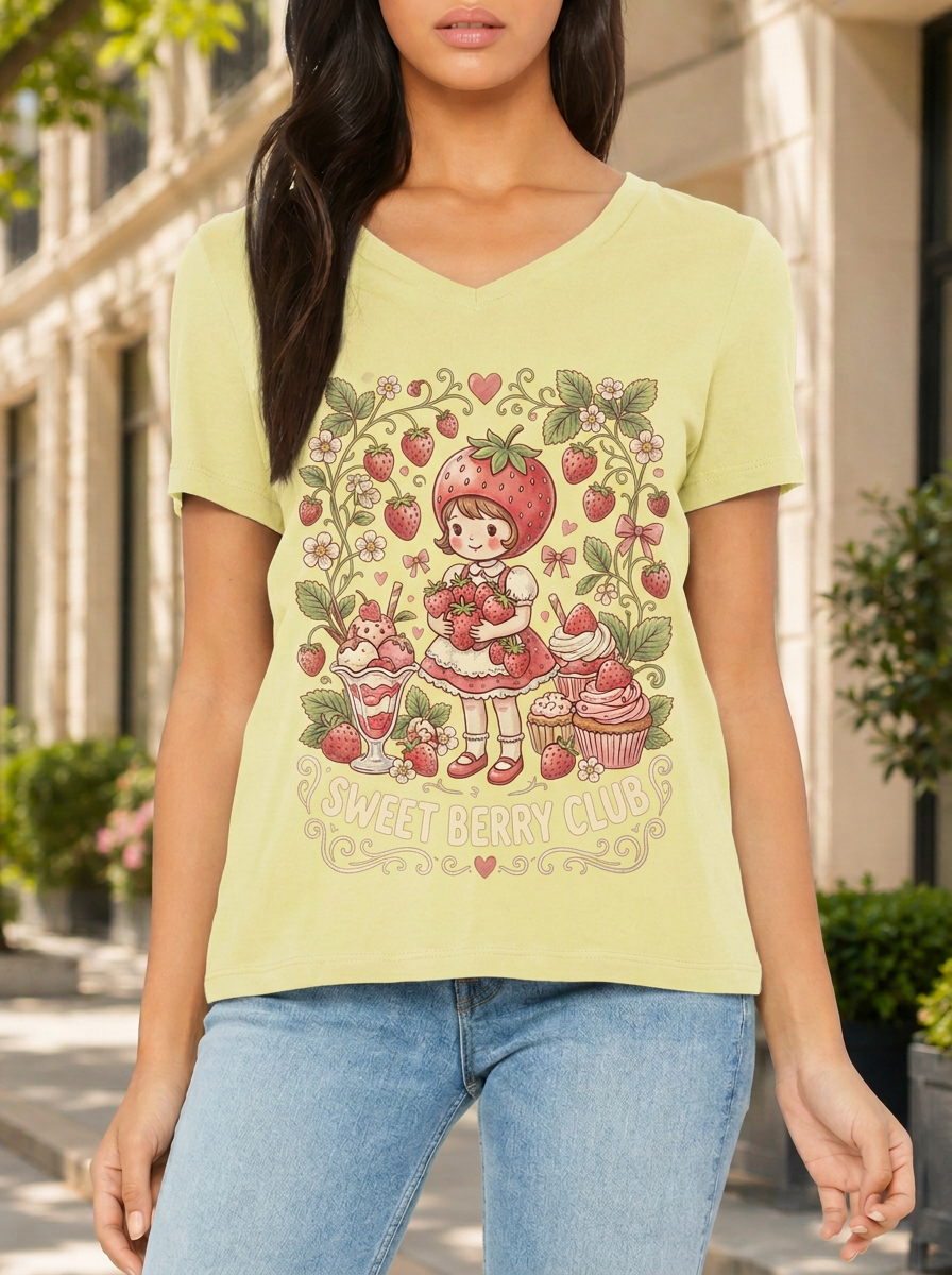 Women's Sweet Berry Club Strawberry Girl Cupcake Printed T-shirt