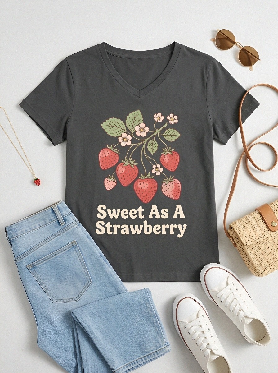 Women's Strawberry Lover Sweet Fruit Printed V-Neck T-Shirt