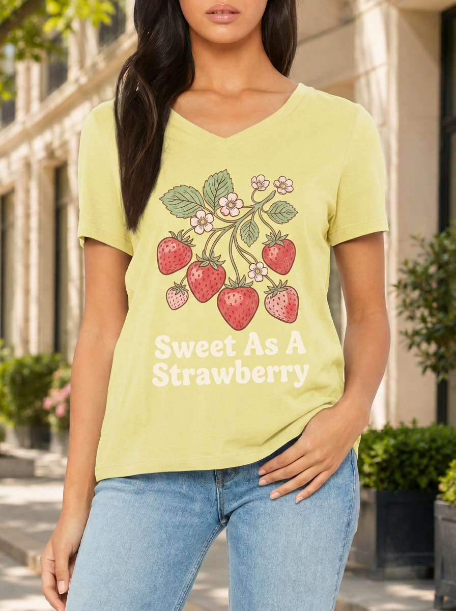 Women's Strawberry Lover Sweet Fruit Printed V-Neck T-Shirt