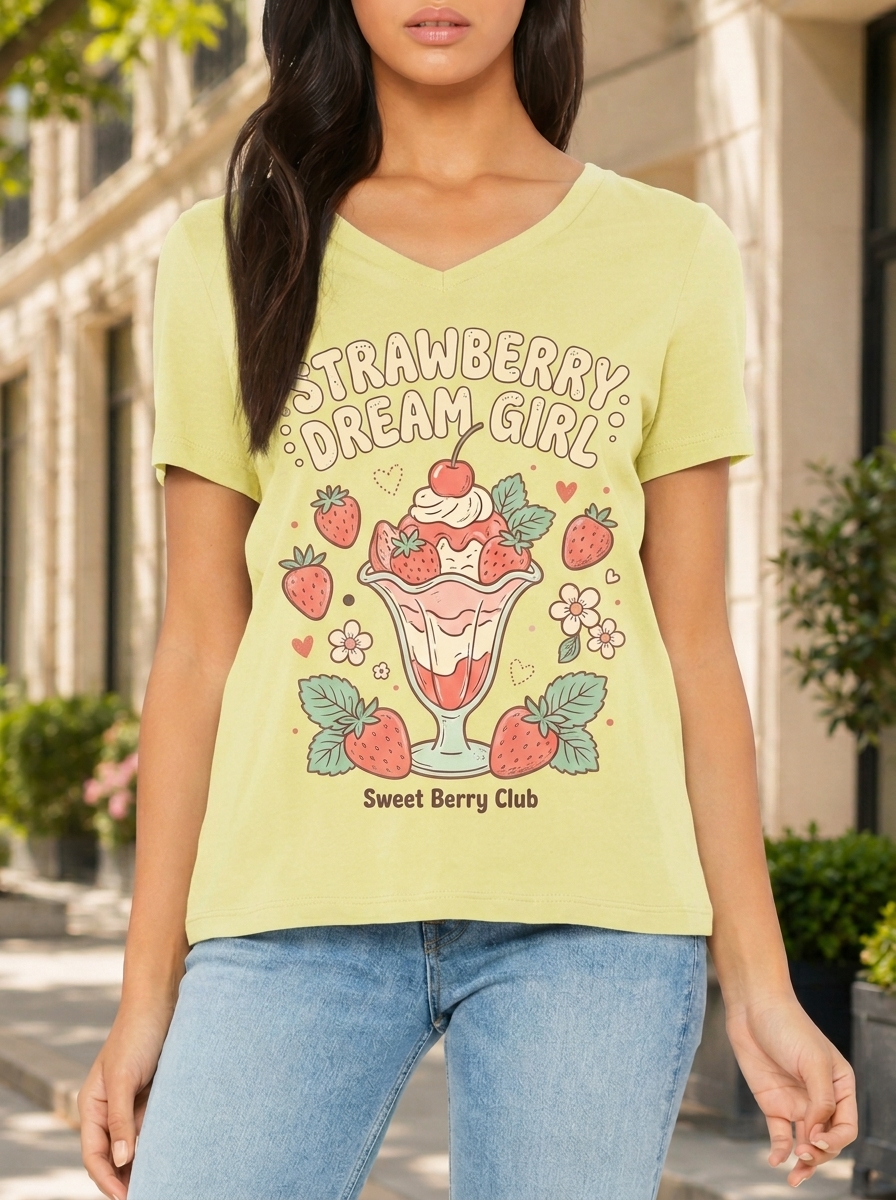Women's Strawberry Dream Girl Sundae Printed V-neck T-shirt