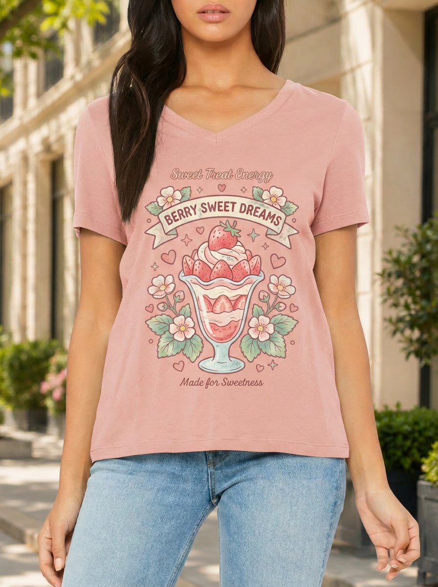 Women's Strawberry Dessert Sweet Dreams Printed V-neck T-shirt