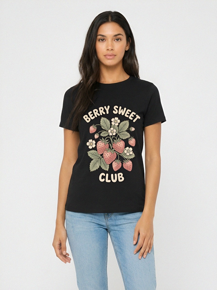 Women's Berry Sweet Club Strawberry Floral Printed T-shirt