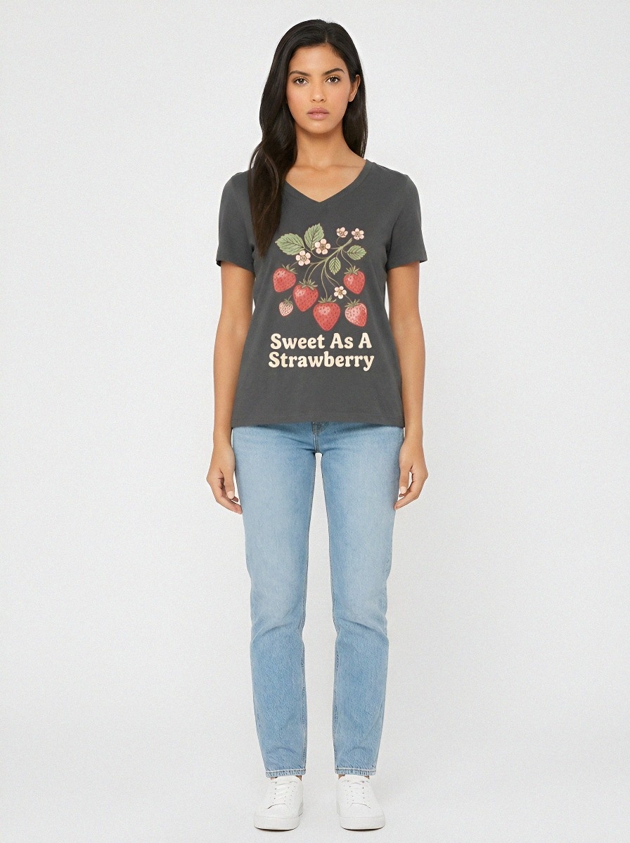 Women's Strawberry Lover Sweet Fruit Printed V-Neck T-Shirt