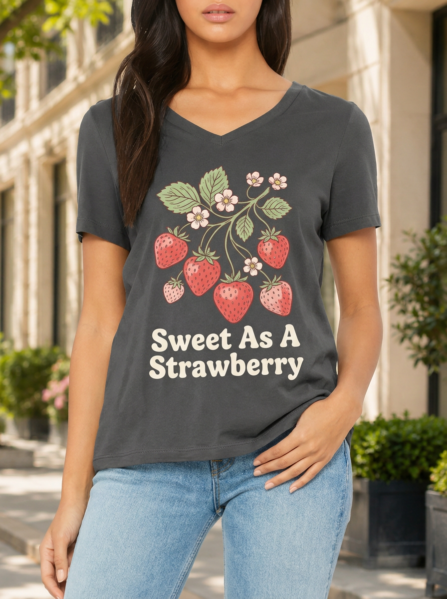 Women's Strawberry Lover Sweet Fruit Printed V-Neck T-Shirt