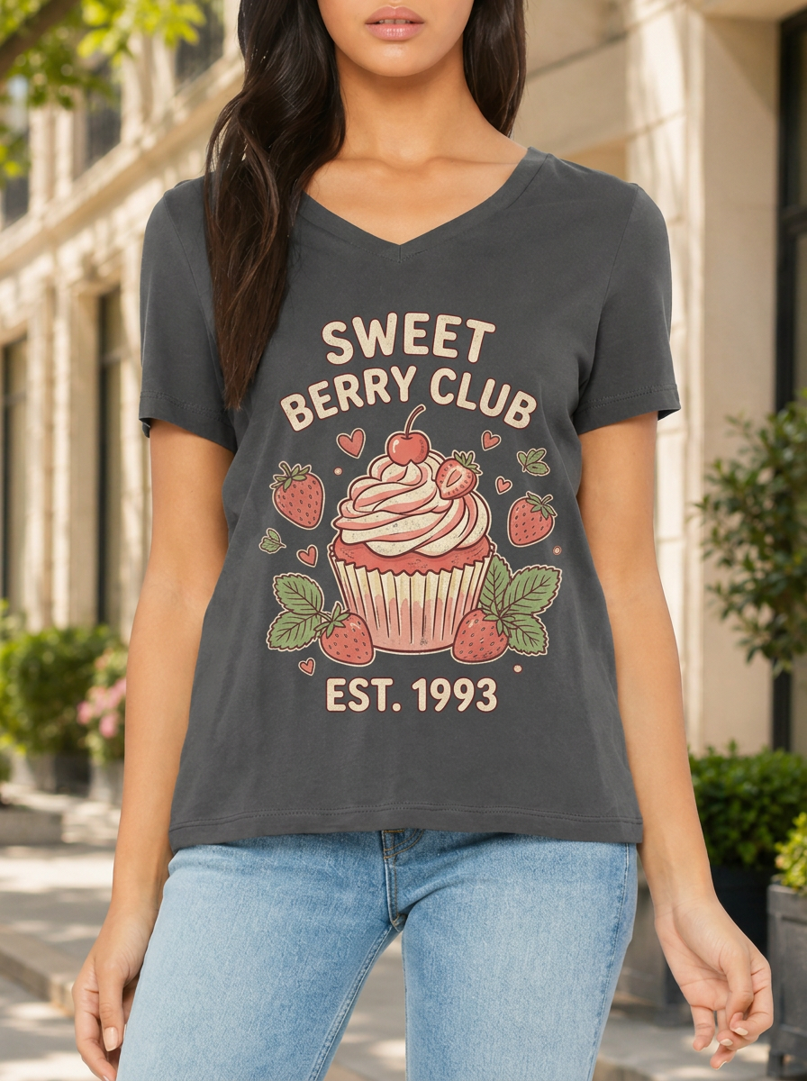 Women's Sweet Berry Club Strawberry Cupcake Printed V-neck T-shirt