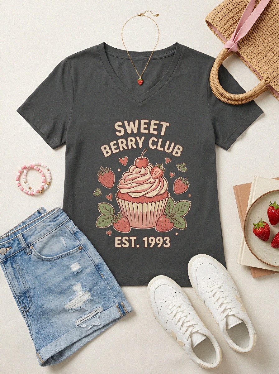 Women's Sweet Berry Club Strawberry Cupcake Printed V-neck T-shirt