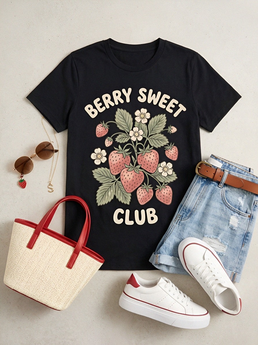 Women's Berry Sweet Club Strawberry Floral Printed T-shirt