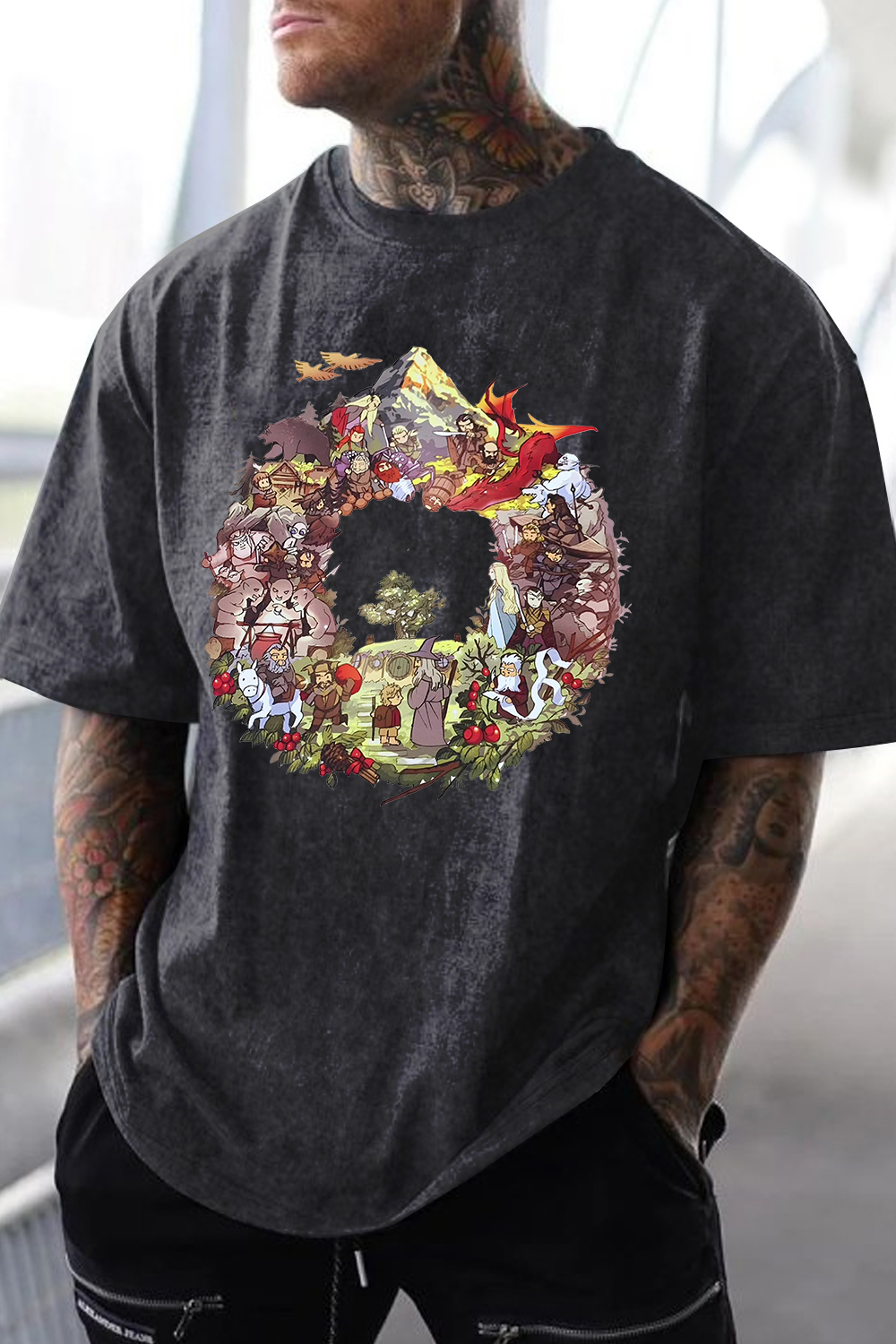 Washed cotton Lord of the Rings cartoon casual print short-sleeved men