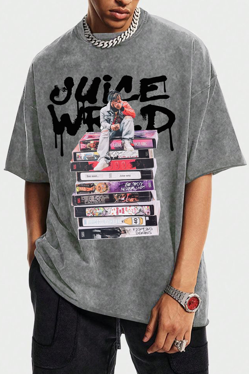 Washed cotton Juicewrld round neck men's short-sleeved T-shirt