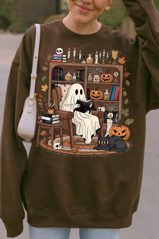 Cozy Ghost Reading T-Shirt: Halloween Library Bookshelf Sweatshirt