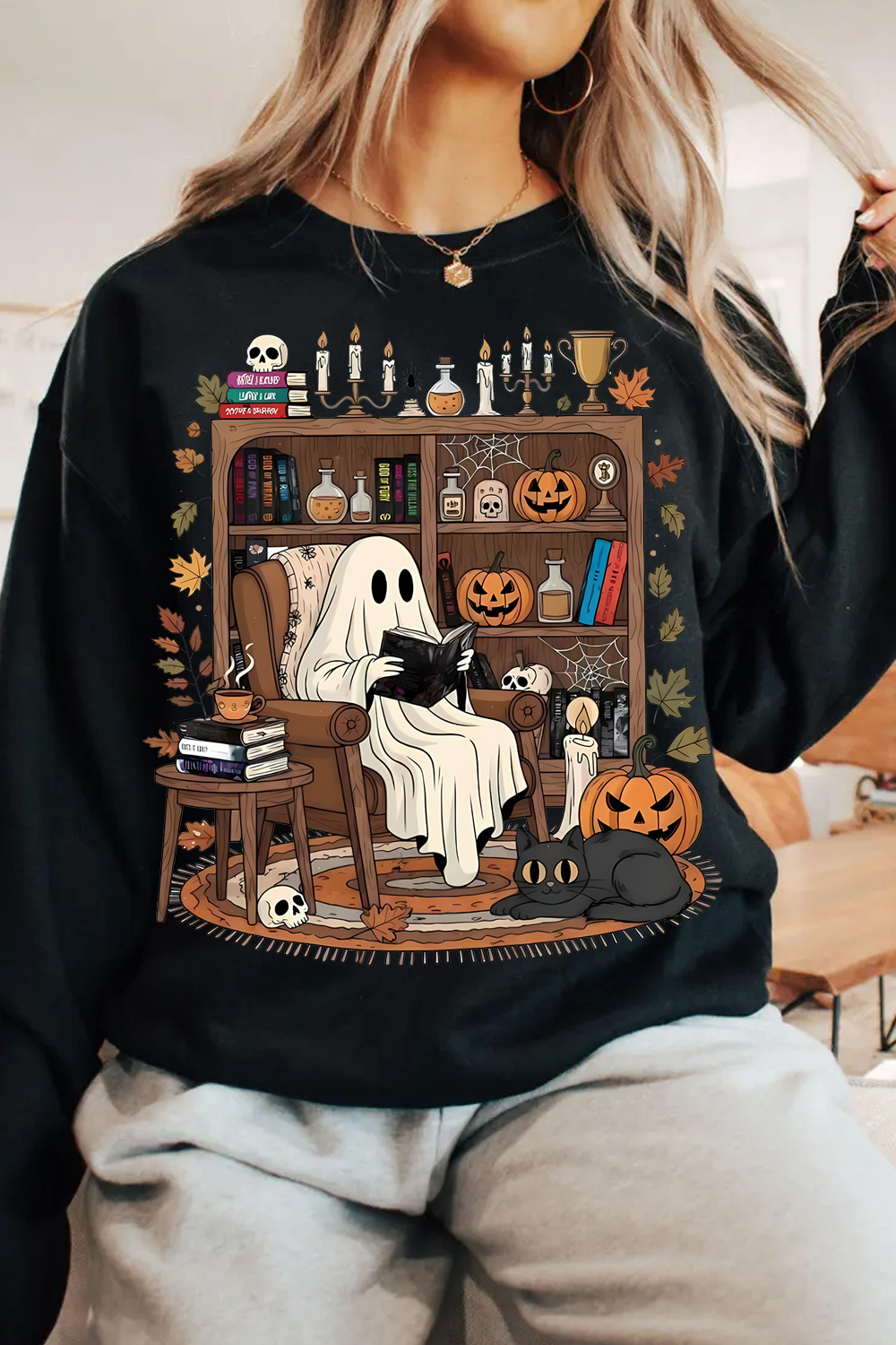 Cozy Ghost Reading T-Shirt: Halloween Library Bookshelf Sweatshirt