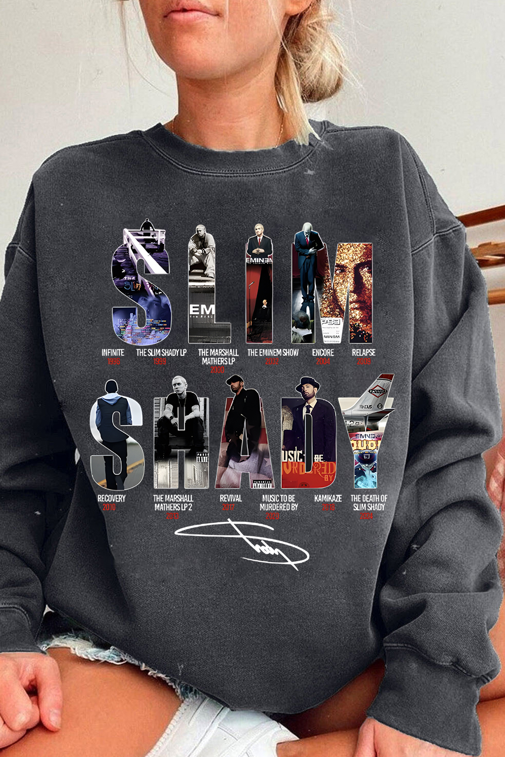 Eminem Letter Star Print Round Neck Long Sleeve Sweatshirt