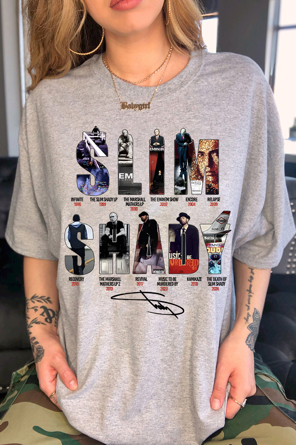 EMINEM Contrast Color Star Letter Support Casual Print Round Neck Short Sleeve T-Shirt