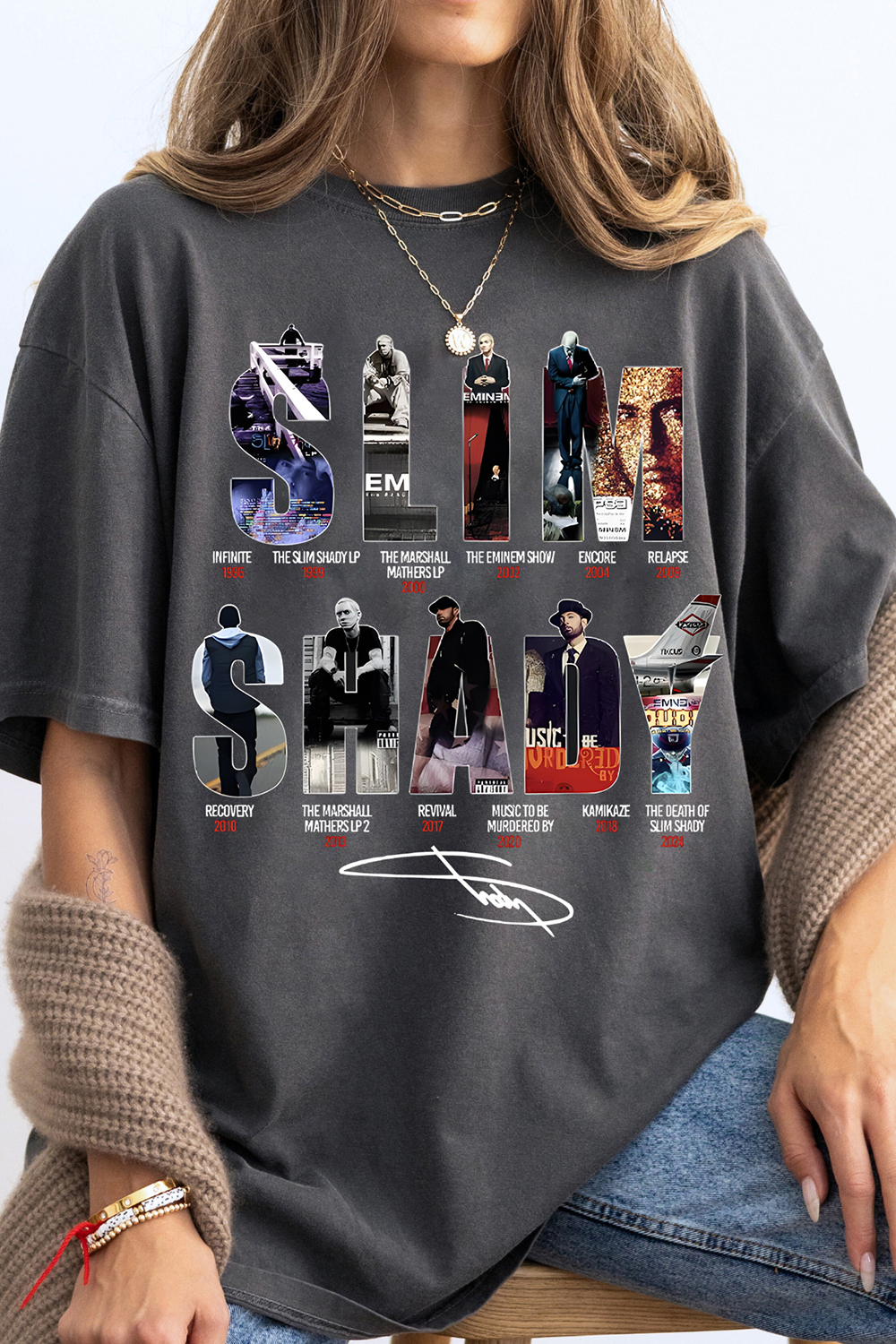 EMINEM Contrast Color Star Letter Support Casual Print Round Neck Short Sleeve T-Shirt