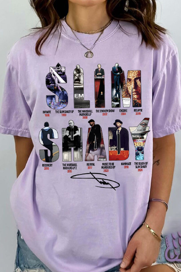 EMINEM Contrast Color Star Letter Support Casual Print Round Neck Short Sleeve T-Shirt