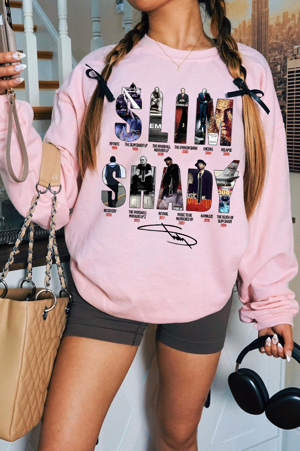 Eminem Letter Star Print Round Neck Long Sleeve Sweatshirt