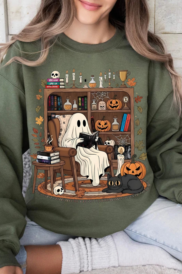 Cozy Ghost Reading T-Shirt: Halloween Library Bookshelf Sweatshirt