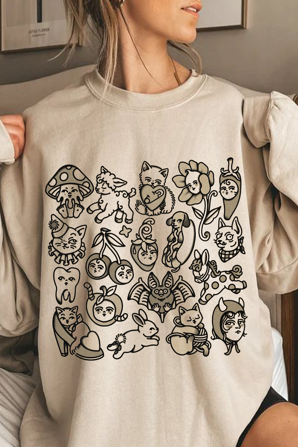 Japanese Style Simple Strokes Printed Round Neck Ladies Long Sleeve Sweatshirt