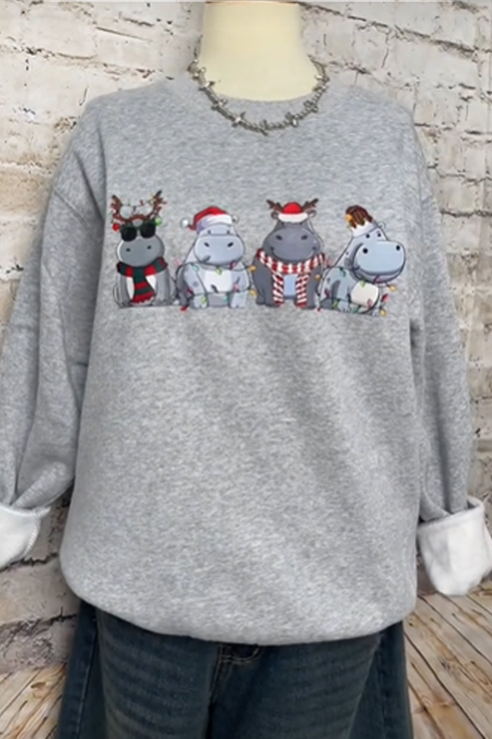 Christmas Hippo Printed Round Neck Ladies Long Sleeve Sweatshirt