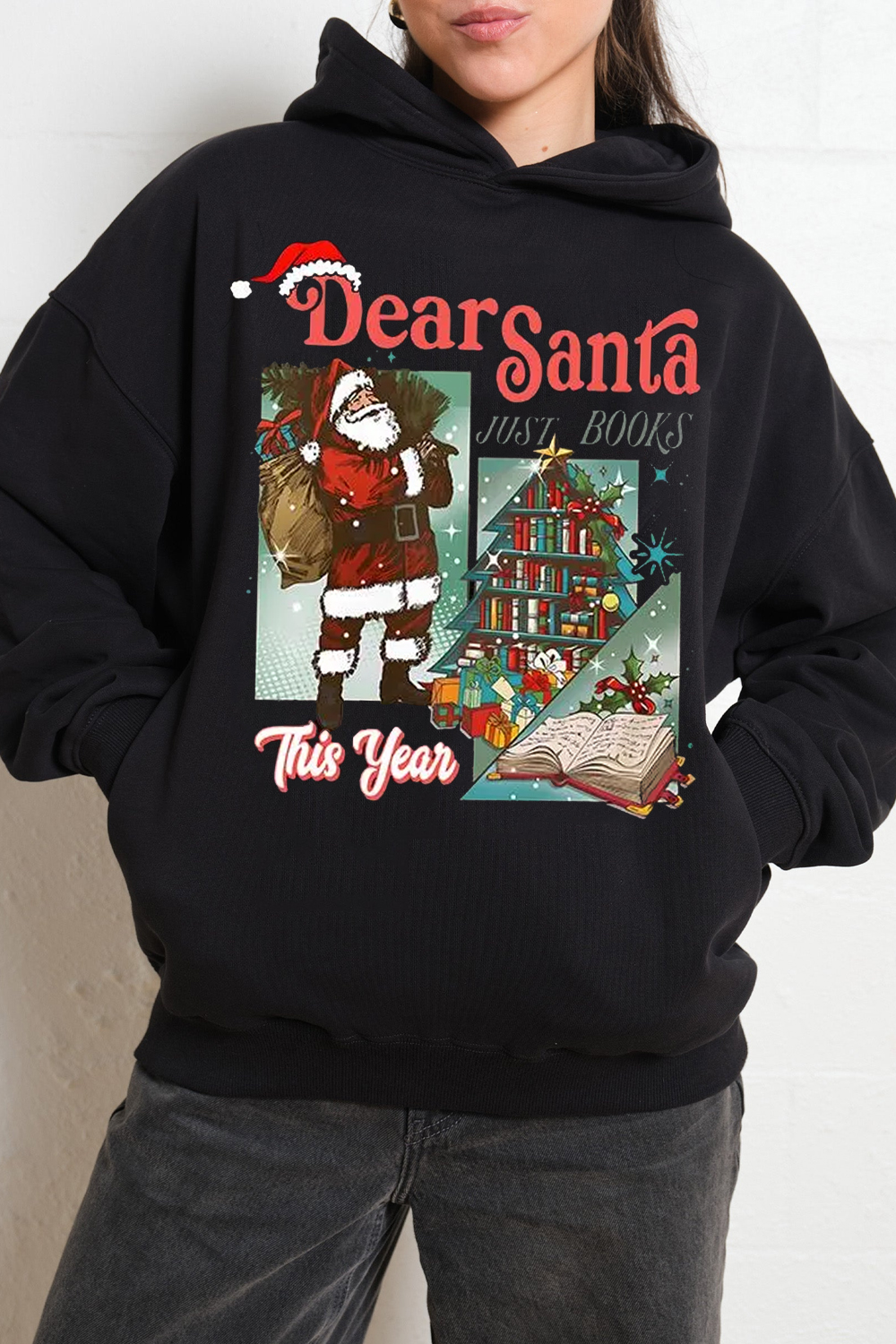 Christmas Cartoon Print Hooded Long-Sleeved Sweatshirt