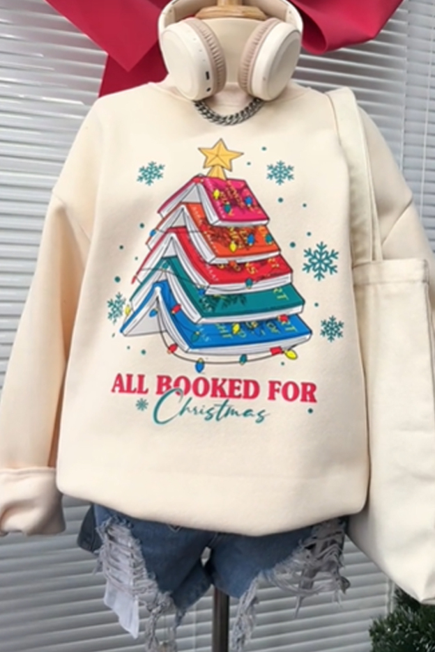 Christmas Tree Book Print Round Neck Women's Long Sleeve Sweatshirt