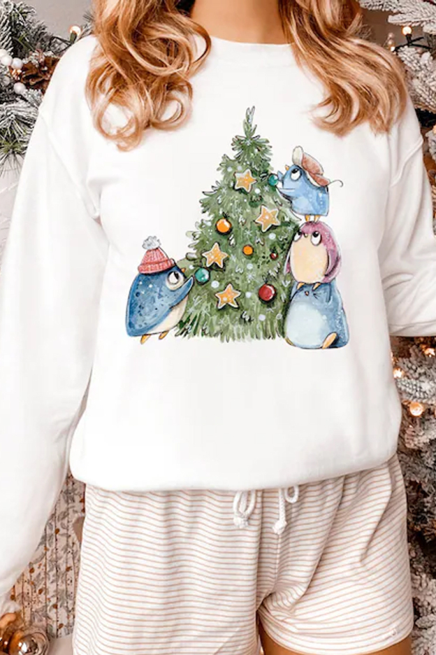 Christmas Cartoon Cute Print Round Neck Long Sleeve Sweatshirt