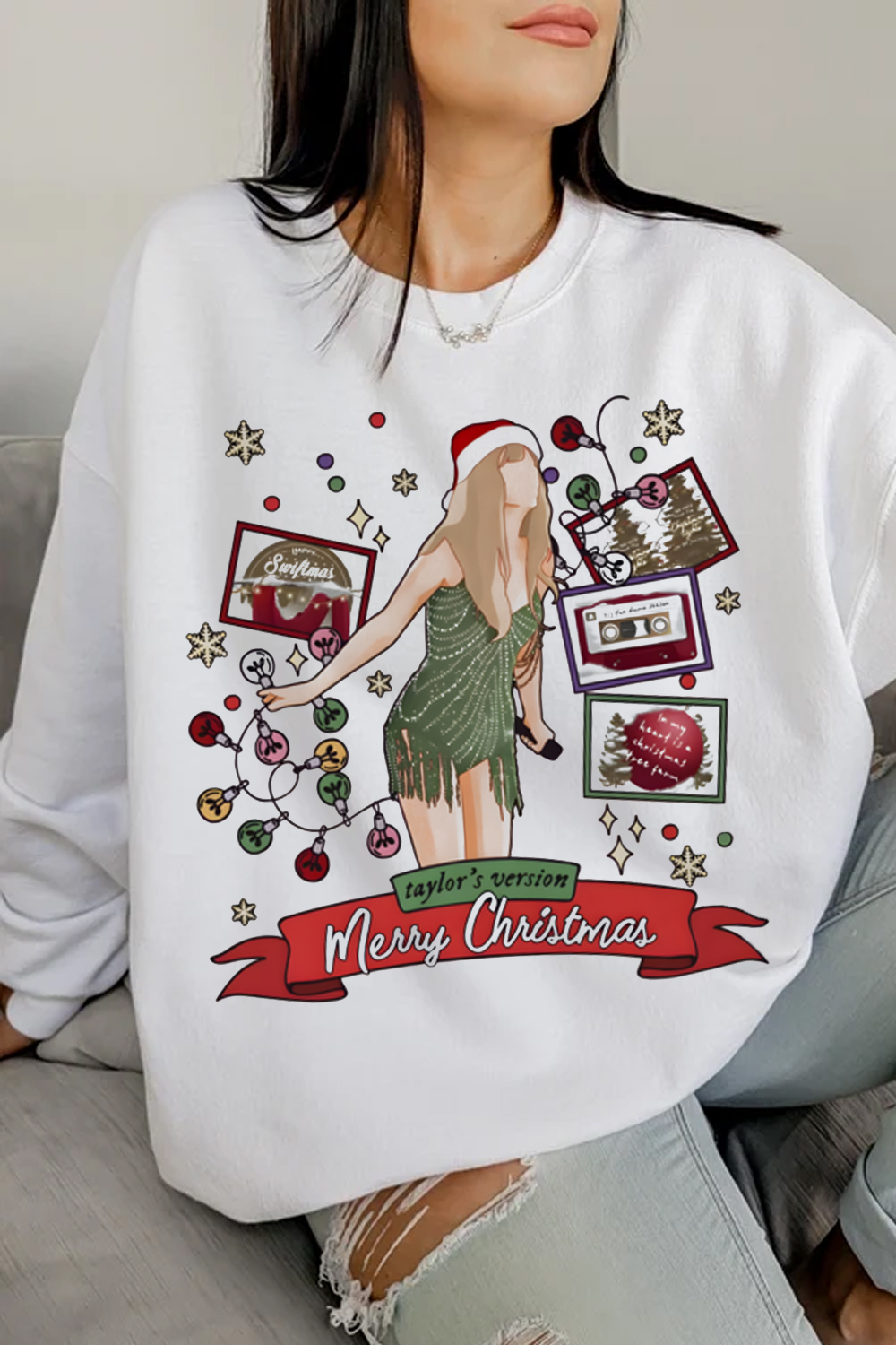 Christmas Star Printed Round Neck Women's Long Sleeve Sweatshirt