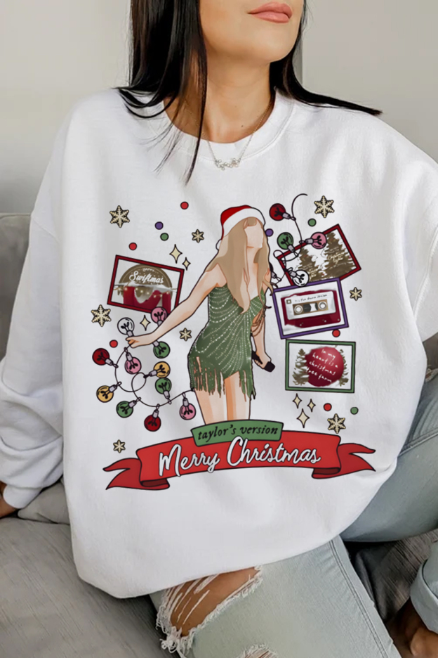 Christmas Star Printed Round Neck Women's Long Sleeve Sweatshirt