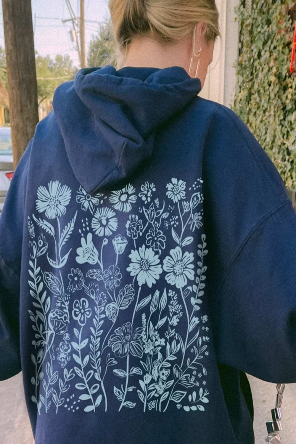 Simple Flower Back Print Hooded Sweatshirt For Women