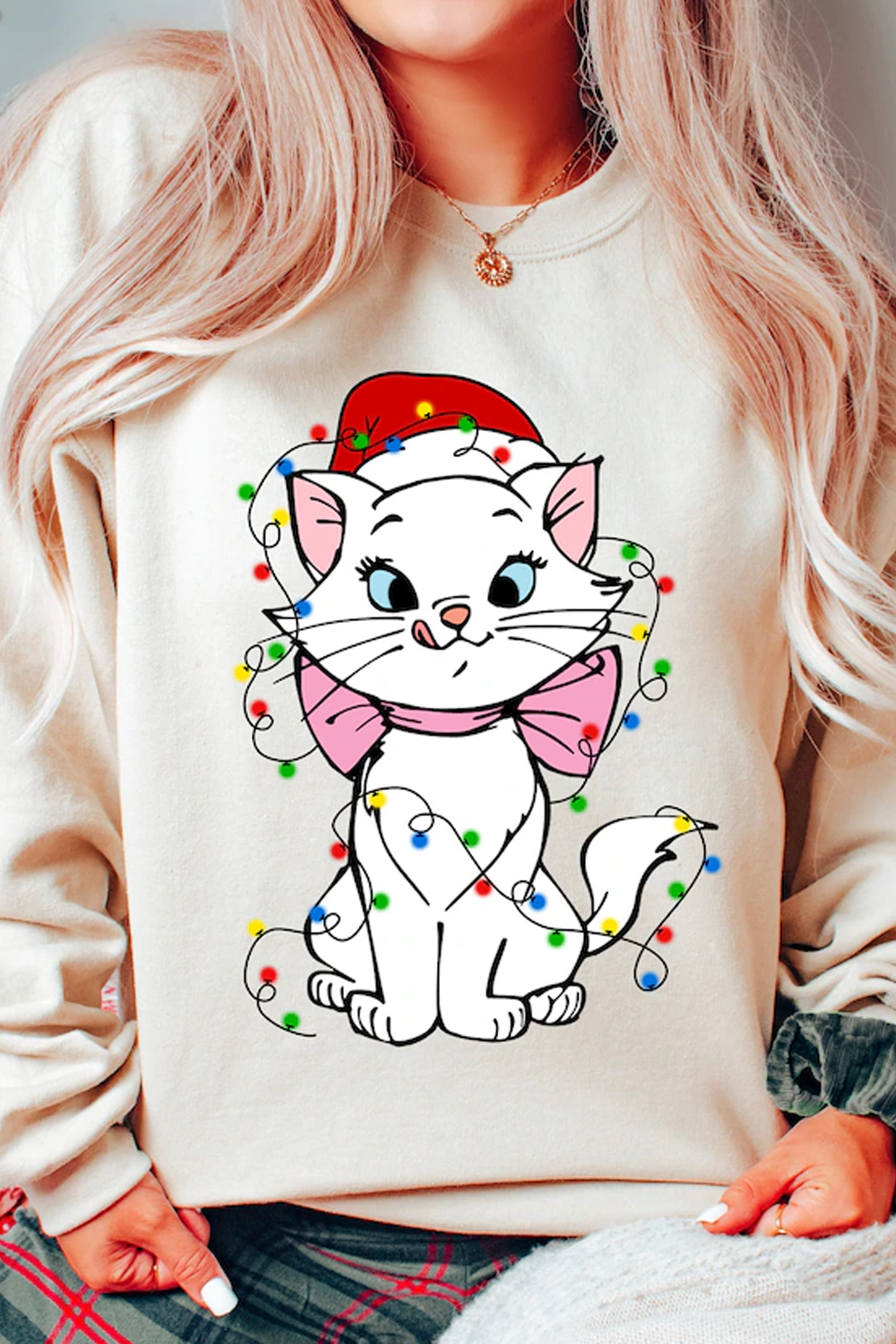 Christmas Cat Print Crew Neck Long Sleeve Sweatshirt