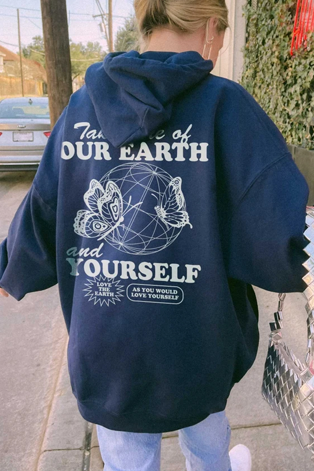 Simple Plant Back Print Hooded Sweatshirt For Women