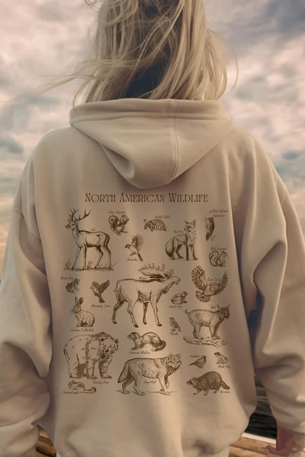Women's Hooded Sweatshirt With Animal Sketch Print On The Back