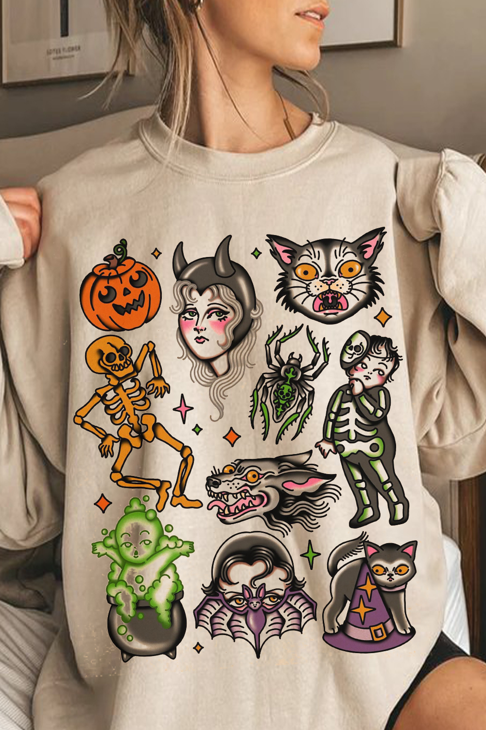 Japanese Cartoon Print Round Neck Ladies Long Sleeve Sweatshirt