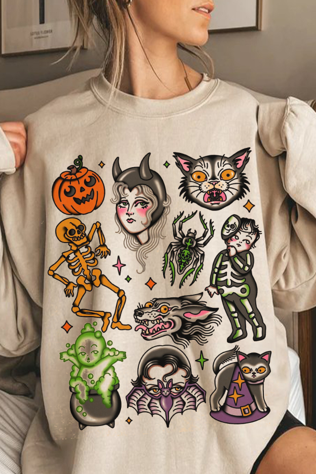 Japanese Cartoon Print Round Neck Ladies Long Sleeve Sweatshirt