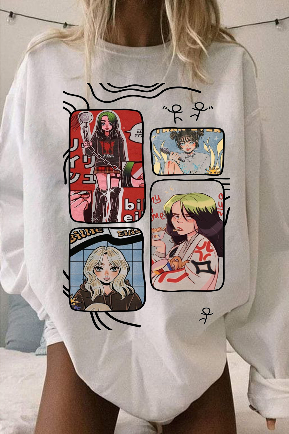 Billie Eilish Cartoon Print Casual Round Neck Long Sleeve Sweatshirt