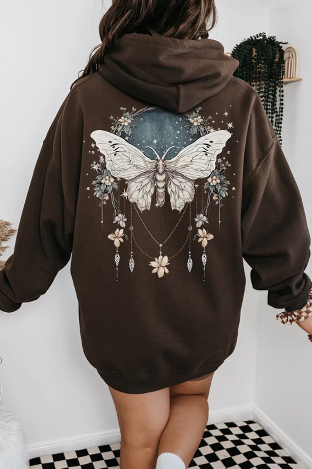 Women's Butterfly And Plant Back Print Hooded Sweatshirt