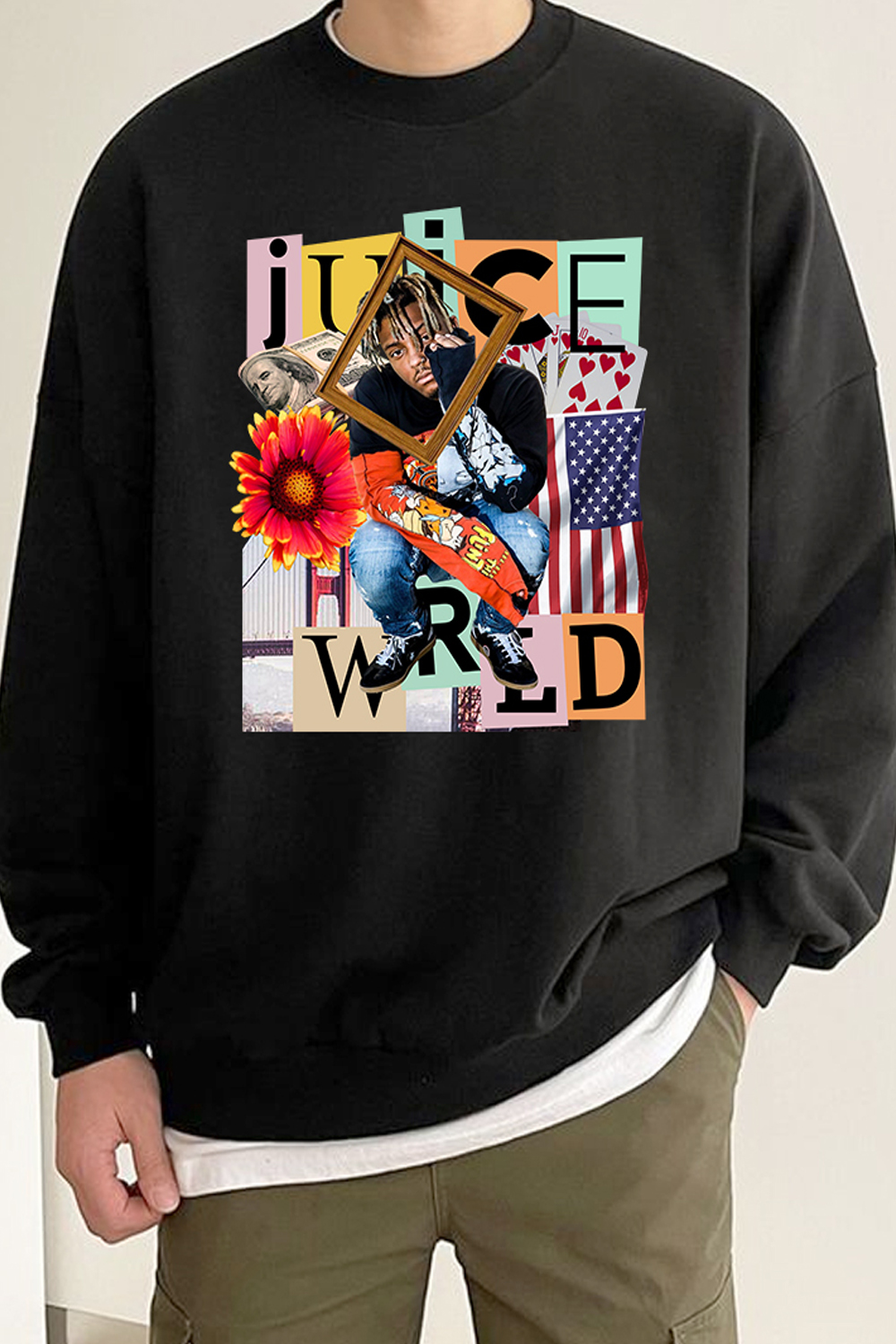 Juice WRLD floral print men's crew neck long sleeve sweatshirt