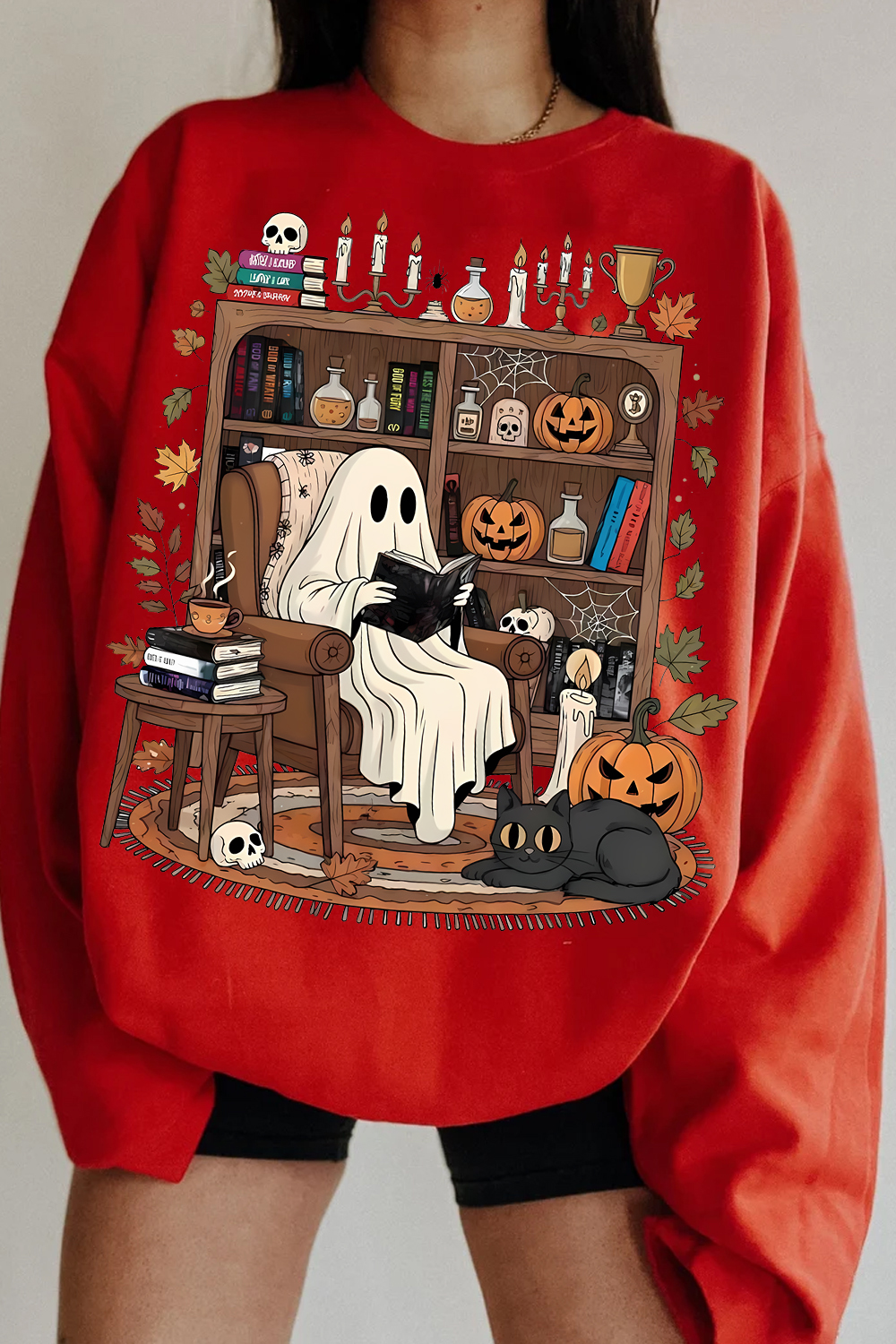 Cozy Ghost Reading T-Shirt: Halloween Library Bookshelf Sweatshirt