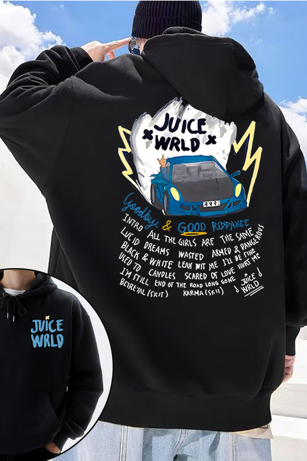 Juice WRLD cartoon double-sided print men's hooded sweatshirt